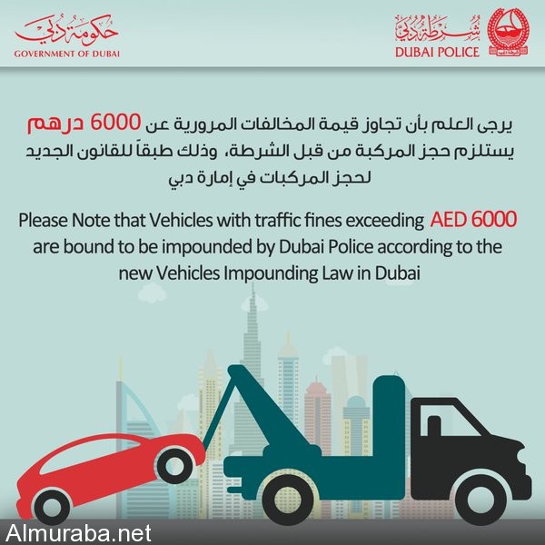 مرور مدينة دبي ينشر القوانين الجديدة بخصوص مخالفات السيارات وحجزها