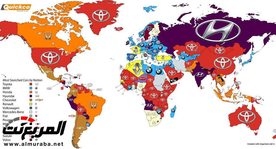 خارطة تبين أكثر علامات السيارات التجارية بحثا بدول العالم
