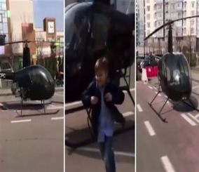 "فيديو" شاهد رجل يوصل ابنه للمدرسة بطائرة هليكوبتر لتأخره 1