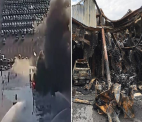 "فيديو" شاهد النيران تقضي على 30 سيارة شفروليه على الأقل 3