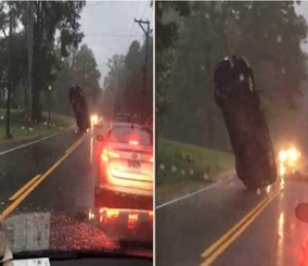 “فيديو” شاهد عاصفة تترك سيارة معلقة في الهواء بشكل عجيب