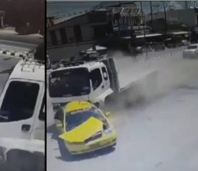 “فيديو” شاهد اصطدام شاحنة تعطلت مكابحها بسيارة أجرة في حادث عنيف