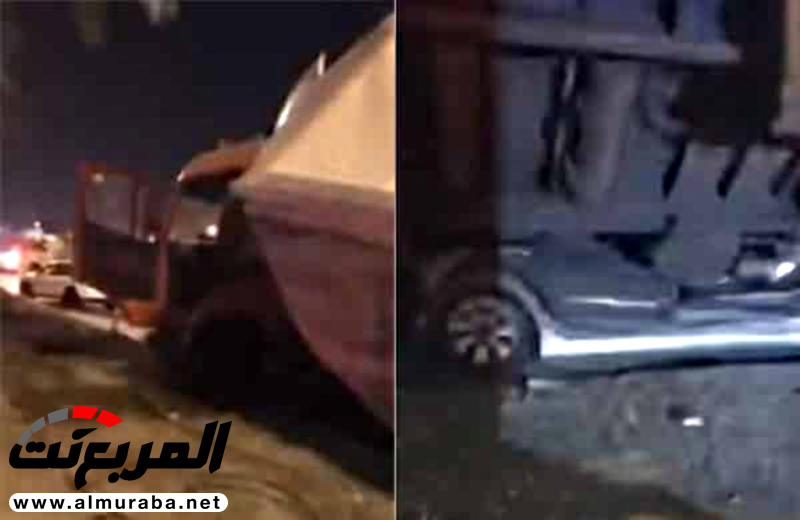 “بالفيديو” شاهد مواطن يخرج سليماً من سيارة عُجنت تحت شاحنة عملاقة