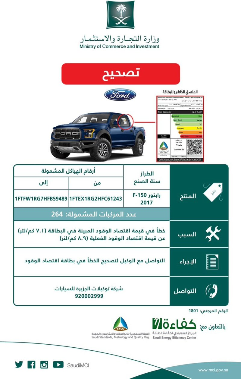 وزارة التجارة تعلن عن حملة تصحيح خطأ في بطاقة اقتصاد الوقود لهذه المركبة