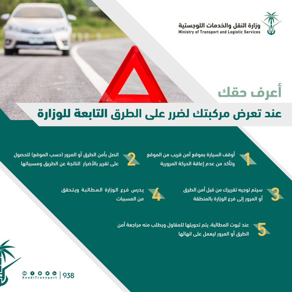 وزارة النقل والخدمات اللوجستية توضح طريقة الاعتراض في حال تعرض المركبة لضرر بسبب الطرق التابعة لها