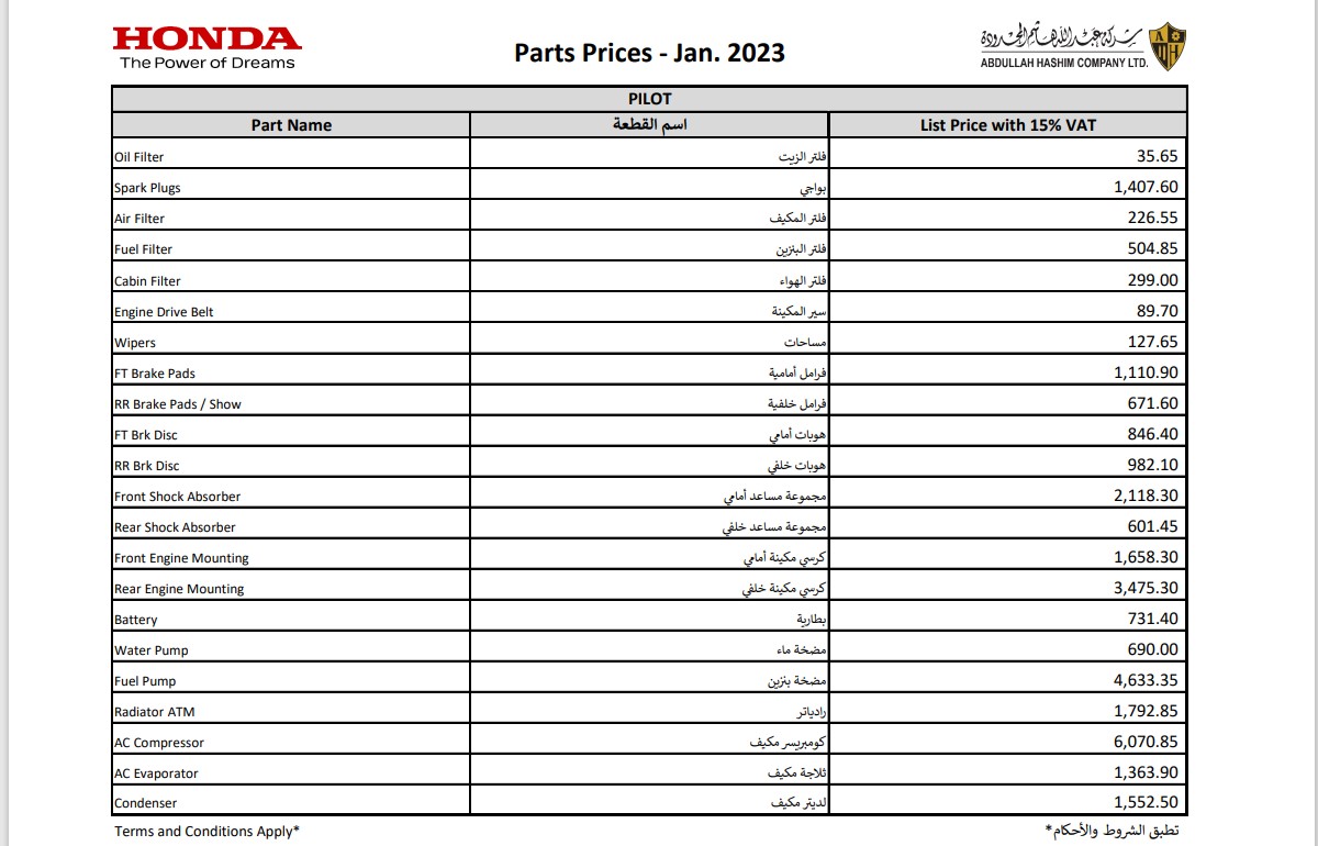 أسعار قطع غيار هوندا بايلوت الأصلية في السعودية (شاملة الضريبة) 3